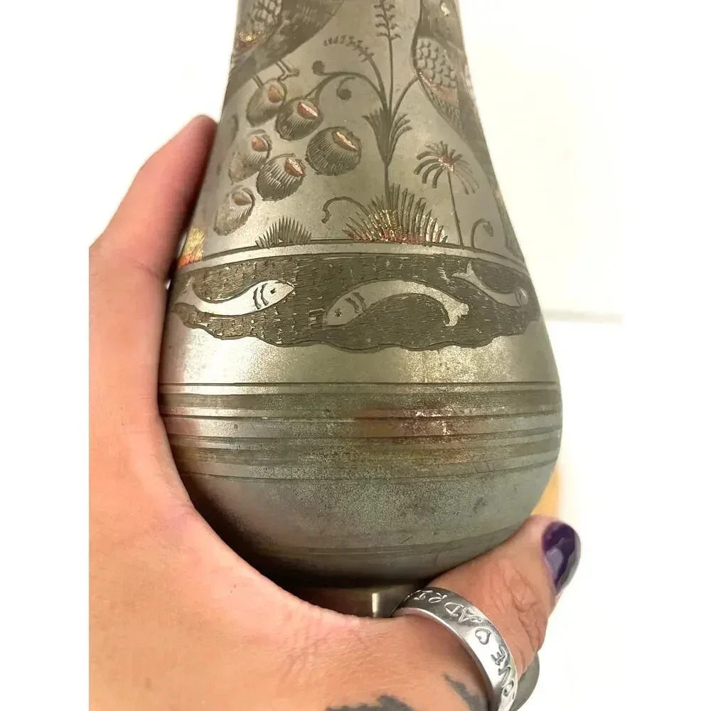 VTG Silver Tone Metal Middle Eastern Vase With Etching 8" Tall Birds Fish‎ - Picture 11 of 14